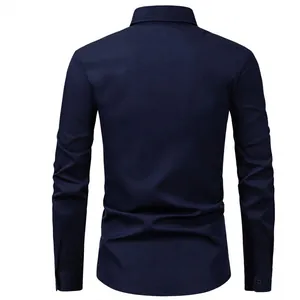 Detailed back view of a classic navy blue men's long-sleeve professional business dress shirt.