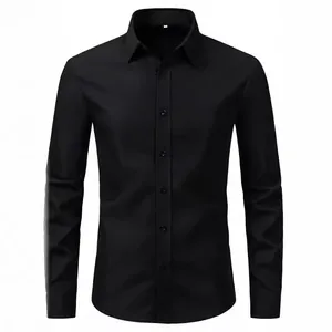 Men's solid black long-sleeve dress shirt with lapel collar for business casual wear