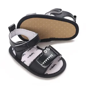 Close-up view of baby soft sole sandals featuring cartoon crocodile design and anti-slip sole