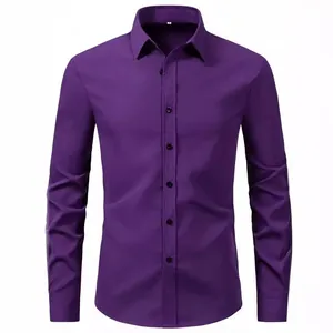 Elegant men's formal purple long-sleeved button-up shirt with a classic lapel collar.
