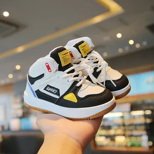 Comfortable kids high-top color-block sneakers with soft non-slip sole and elastic laces.