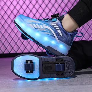 Chaussures à roulettes LED bleues pour enfants avec doubles roues et boucle rotative