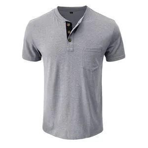 Detail view of men's grey short-sleeve Henley shirt with chest pocket and buttons.
