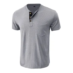 Detailed view of a gray short-sleeved slim fit Henley t-shirt for men with a chest pocket