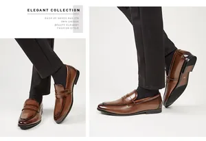 Detalle lateral y posterior de elegantes mocasines de cuero marrón para hombre estilo negocios