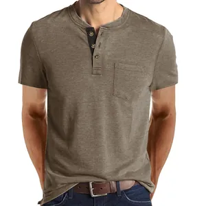 Men's slim-fit Henley shirt with chest pocket in khaki brown short sleeves