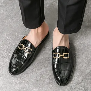 Men's stylish black crocodile embossed backless loafers with gold metal buckle detail