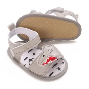 Grey cartoon shark baby sandals with non-slip soft sole and velcro straps