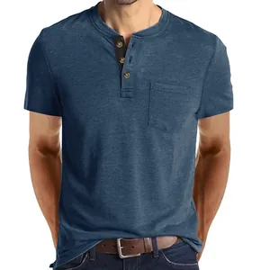 Detail of a slim fit blue Henley t-shirt for men with three buttons and chest pocket.