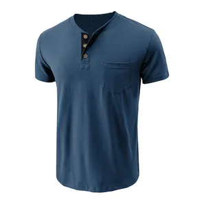 Men's classic slim fit short sleeve Henley T-shirt featuring a chest pocket in navy blue