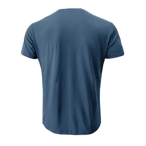Back view of a slim-fit navy blue men's cotton short-sleeve t-shirt on a white background.