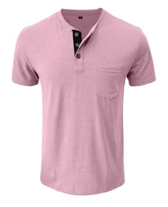 Detailed view of a pink men's slim fit Henley short sleeve T-shirt with chest pocket