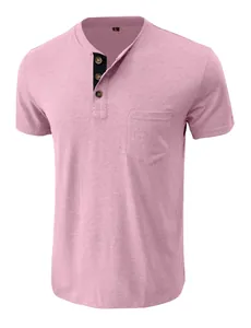 Pink short-sleeve Henley shirt detail showing front pocket and black button placket