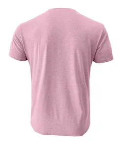 Back view of a slim fit men's heather pink short-sleeved t-shirt with detailed fabric texture