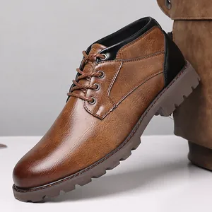 Profile of men's brown leather Martin boot with textured finish and lace-up design