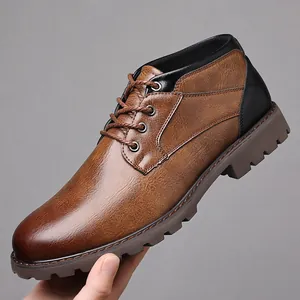 Men's rugged brown lace-up Martin boots with a durable lug sole and textured leather finish