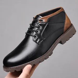 Detailed side view of men's black leather Martin boots featuring stylish brown heel accents