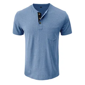 Close-up of blue Henley shirt featuring a chest pocket and contrasting button placket.