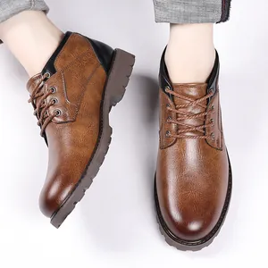 Top view of brown lace-up Martin boots with a rugged rubber lug sole for men