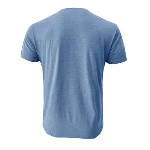 Back view of a slim fit men's blue heather short-sleeve T-shirt on white background