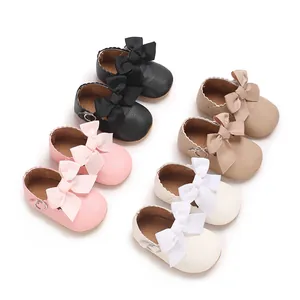 Chaussures Princesse pour Bébé Fille Grand Nœud Semelle Souple Premier Pas Bord Festonné Chaussures Mary Jane pour Nouveau-Né