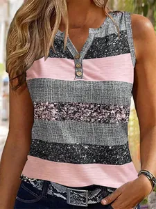 Damen Casual Ärmellose Weste Top V-Ausschnitt Henley Knopf Gestreift Bedruckt Polyester T-Shirt Sommer Strand Tank Top