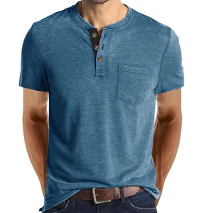 Close-up of blue slim fit Henley t-shirt featuring three-button placket and chest pocket.