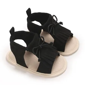 Schwarze Babysandalen für Mädchen mit Quasten und Schleife, weiche Sohle
