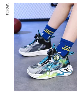 Detailed view of boys' breathable basketball shoes with a stylish dragon pattern