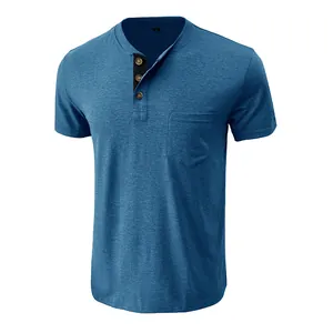 Men's blue slim fit Henley t-shirt with short sleeves and a stylish front pocket.