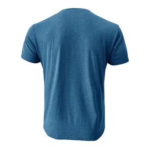 Back view of a blue slim fit short sleeve Henry shirt for men with heathered texture.