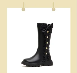 Elegant girls' black knee-high boots with side bow detail and pearl buttons decoration