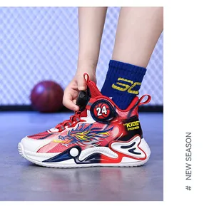 Breathable mesh boys' basketball shoe with rotary buckle and dragon graphic
