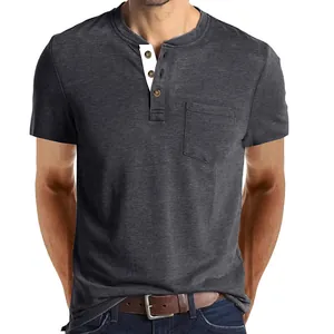 Close-up of men's dark grey Henley short sleeve t-shirt with pocket detail.