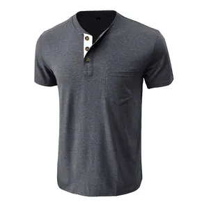 Front view of a slim fit charcoal grey Henley t-shirt for men with three buttons and pocket