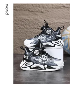 Macro view of boys' basketball shoes featuring rotary buckle and cool dragon pattern.