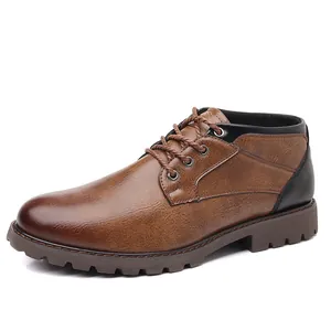 Side profile of brown lace-up men's Martin boots with rugged lug sole