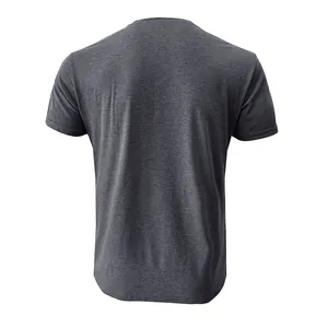 Back view detail of a premium slim fit charcoal grey short sleeve t-shirt for men