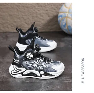 Detailed view of boys basketball shoes with dragon pattern and convenient knob buckle.