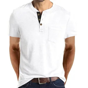 Detailed view of white slim fit men's Henley t-shirt with button neck and pocket