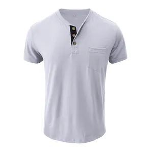 Close-up front view of a light grey men's short-sleeved Henley shirt with a chest pocket