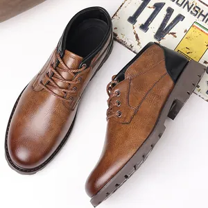 Macro detail of men's brown leather low-top Martin boots with durable rubber sole.