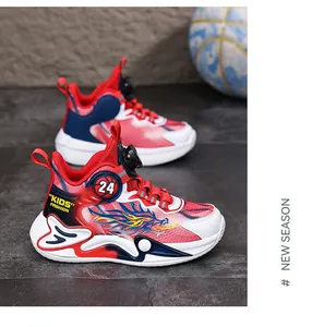 Red and white boys basketball shoes with dragon pattern and rotary buckle closure.