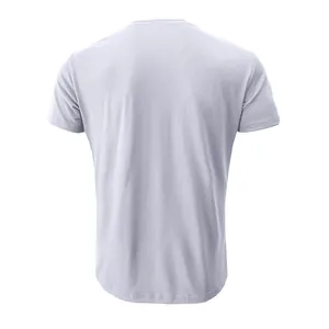 Detailed back view of a slim-fit men's short-sleeve t-shirt in soft light grey