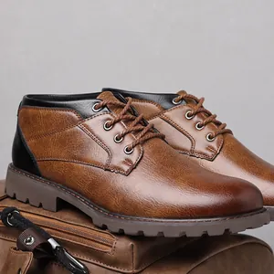 Men Retro Work Martin Boots Artificial PU Rubbed Leather Lace Up Short Boots Anti Slip Lug Sole Outdoor Casual Shoes