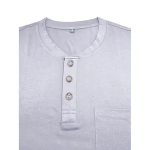 Close-up detail of a men's light purple Henley t-shirt neckline and buttons