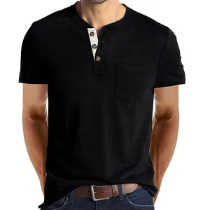 Detailed view of a black slim fit Henley T-shirt with button placket and chest pocket