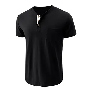 Slim fit black Henley t-shirt detail showing white contrast placket and chest pocket