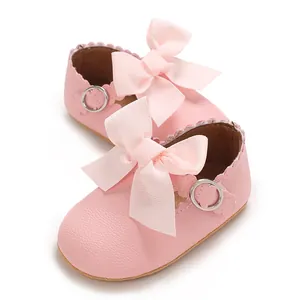 Chaussures princesse pour bébé rose avec semelle souple, nœud et boucle argentée