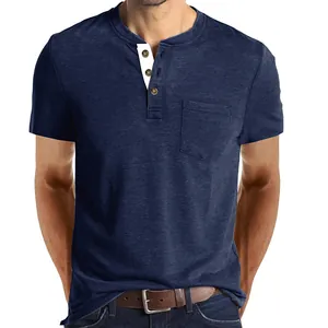 Macro view of a slim fit navy blue Henley T-shirt with a chest pocket and button placket.